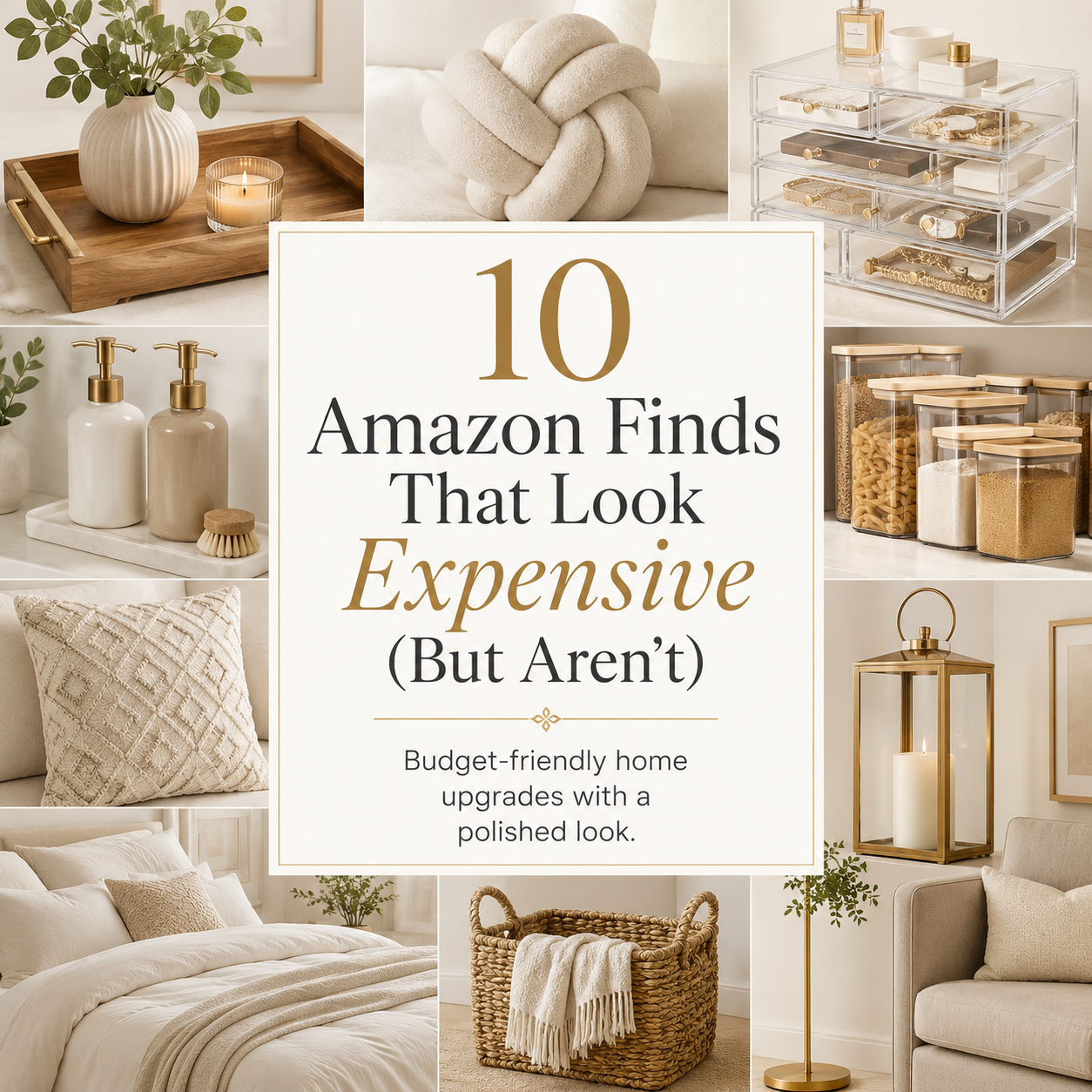 Luxury-inspired Amazon home finds collage with neutral decor, cozy bedroom accents, storage baskets, pantry containers, and modern home accessories