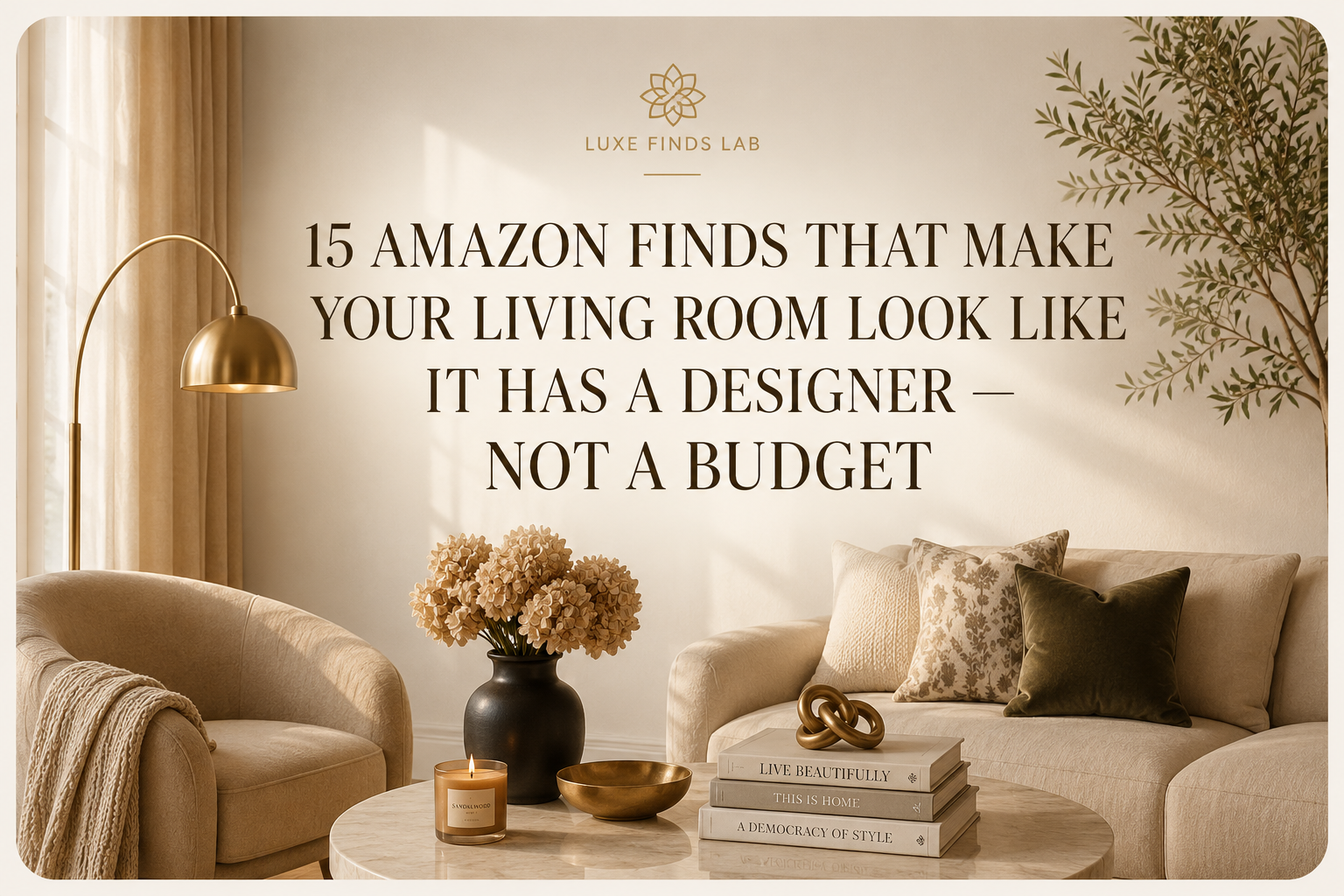 Warm neutral living room with designer-inspired decor, beige furniture, brass lighting, and elegant styling featured in a Luxe Finds Lab blog post about affordable Amazon living room finds