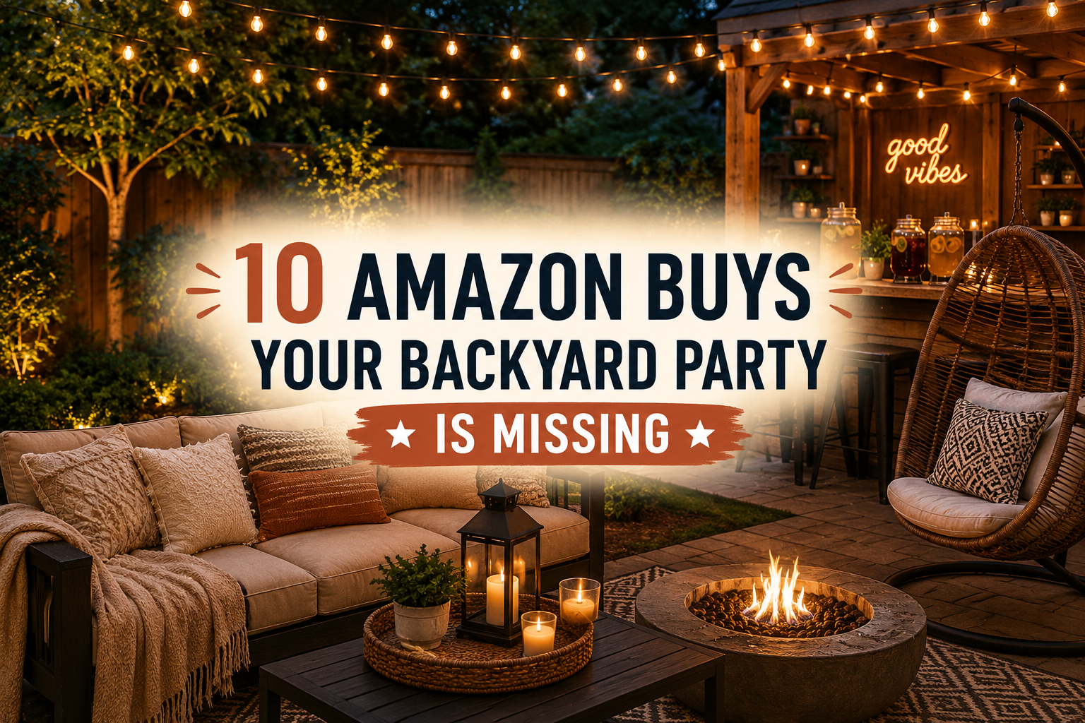 Cozy backyard patio with string lights, fire pit, outdoor seating, and summer hosting decor featured in an Amazon backyard party ideas blog post