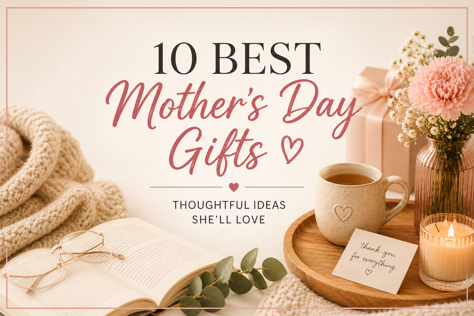 Cozy neutral Mother’s Day themed scene with flowers, candles, soft blankets, coffee mug, and centered text about thoughtful Amazon gift ideas for moms