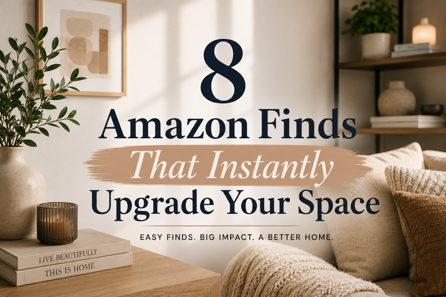Minimal modern home interior with neutral decor, warm lighting, and styled shelves creating a clean luxury aesthetic for Amazon home finds blog featured image.