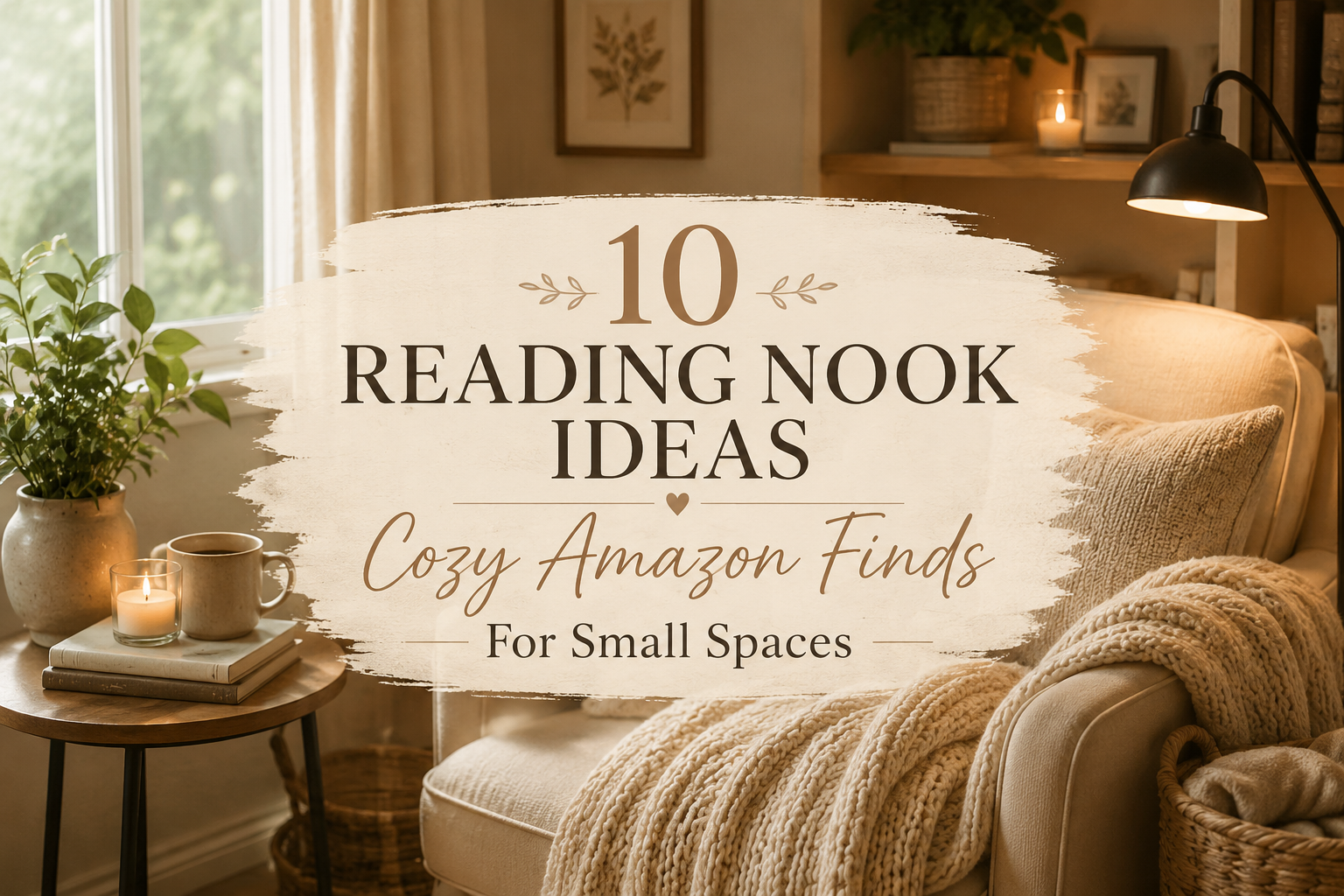 Cozy neutral reading nook with beige accent chair, knit blanket, warm lighting, books, candles, and soft decor featuring cozy Amazon finds for small spaces