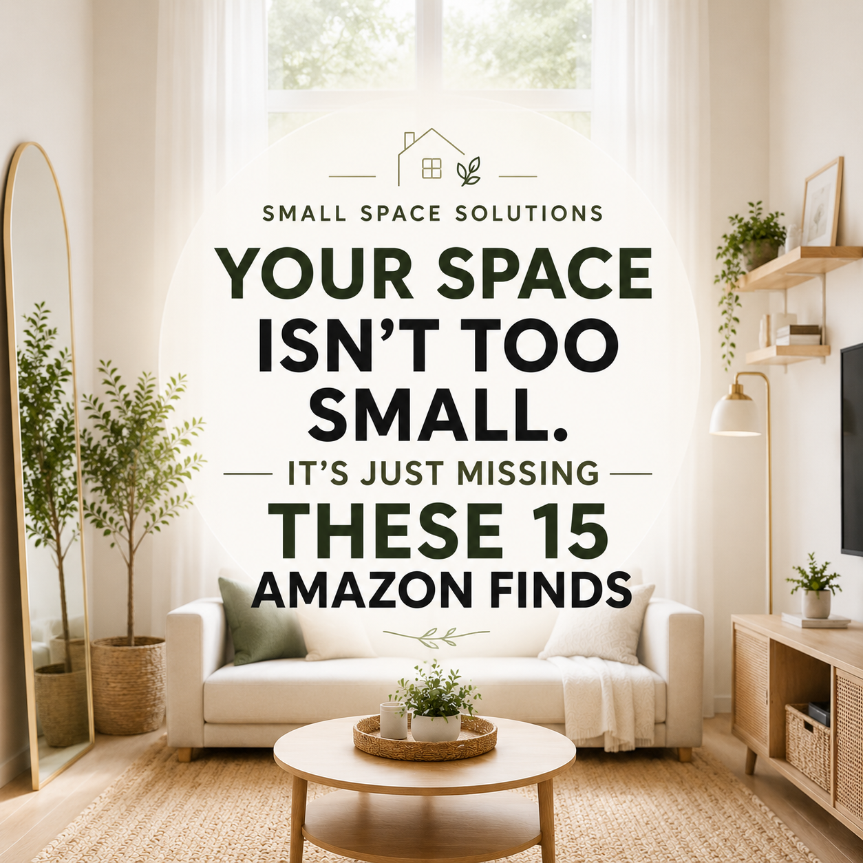 Modern small living room with neutral decor, natural light, mirror, plants, and centered text promoting Amazon small space finds for making small spaces feel bigger and more intentional