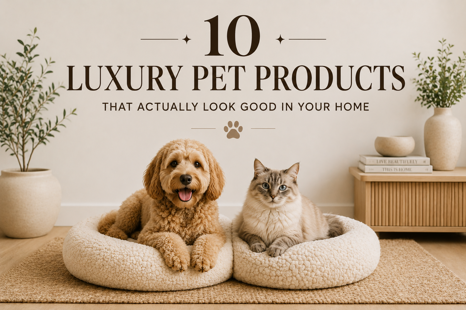 Luxury pet products featured image with a cozy dog and cat in neutral pet beds inside a modern minimalist living room.