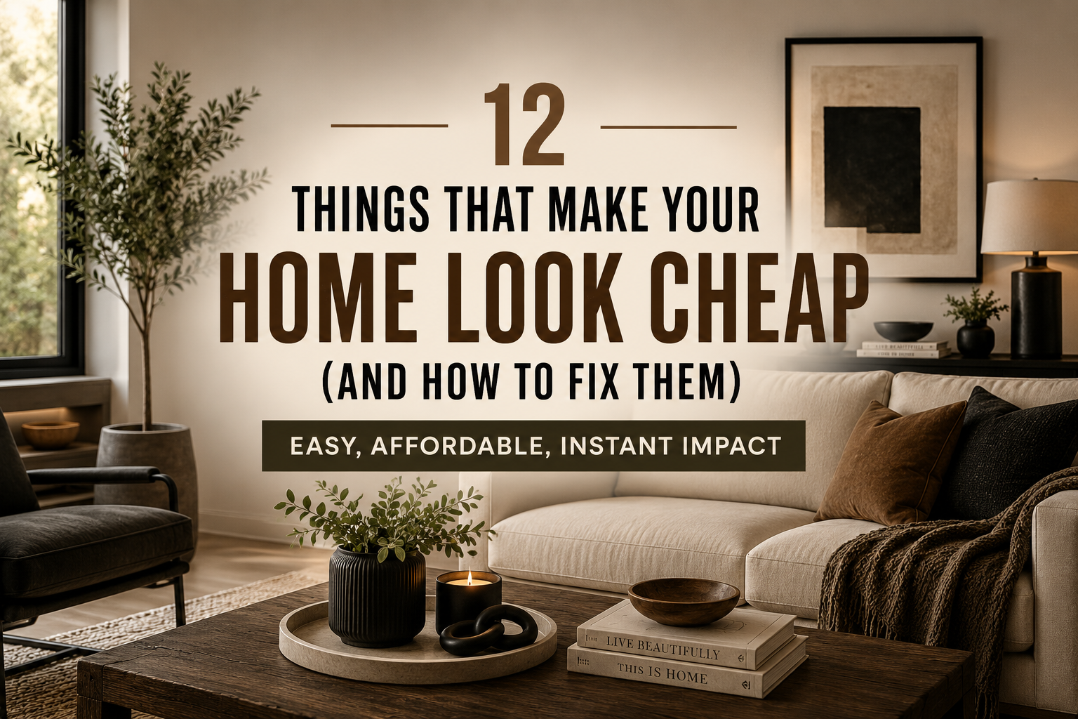 Modern neutral living room with warm lighting, layered textures, dark wood accents, and centered text about affordable home upgrades that make a space look more expensive