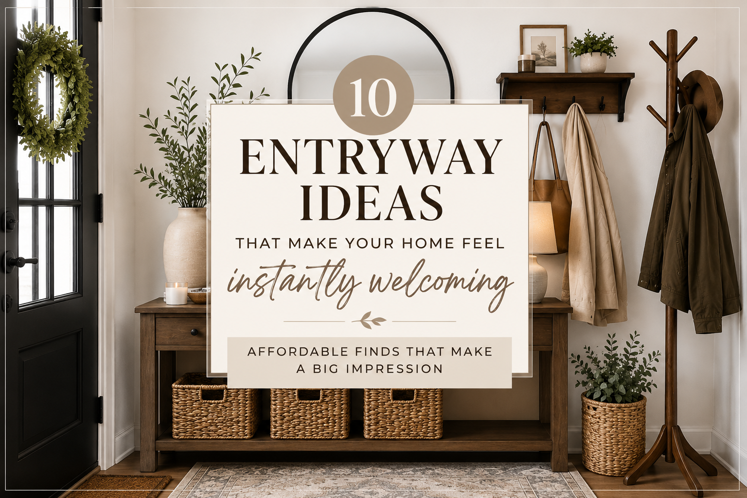 Cozy entryway with a wooden console table, arched mirror, woven baskets, warm lamp, coat hooks, greenery, and text reading “10 Entryway Ideas That Make Your Home Feel Instantly Welcoming.”