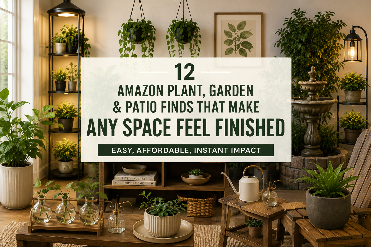 Modern indoor and outdoor plant decor setup with patio lighting, ceramic planters, hanging greenery, and cozy garden-inspired home styling featuring Amazon plant and patio finds