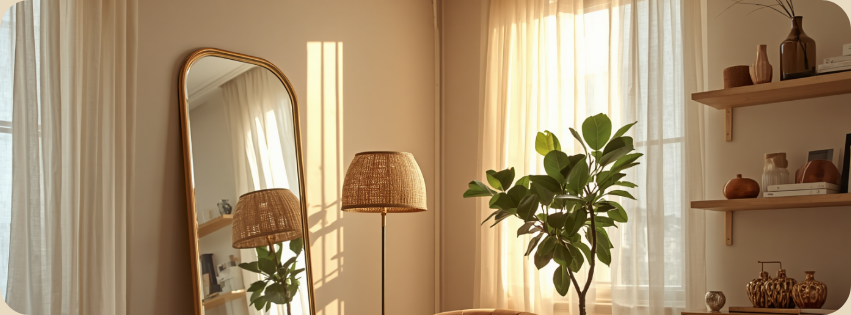 Cozy small space living room styled with leaning mirror, rattan arc lamp, fiddle leaf fig tree and floating shelves