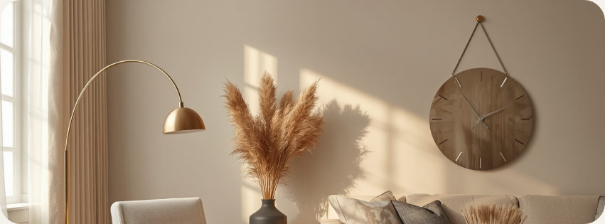 Warm neutral modern living room with gold arc floor lamp, pampas grass, and linen curtains