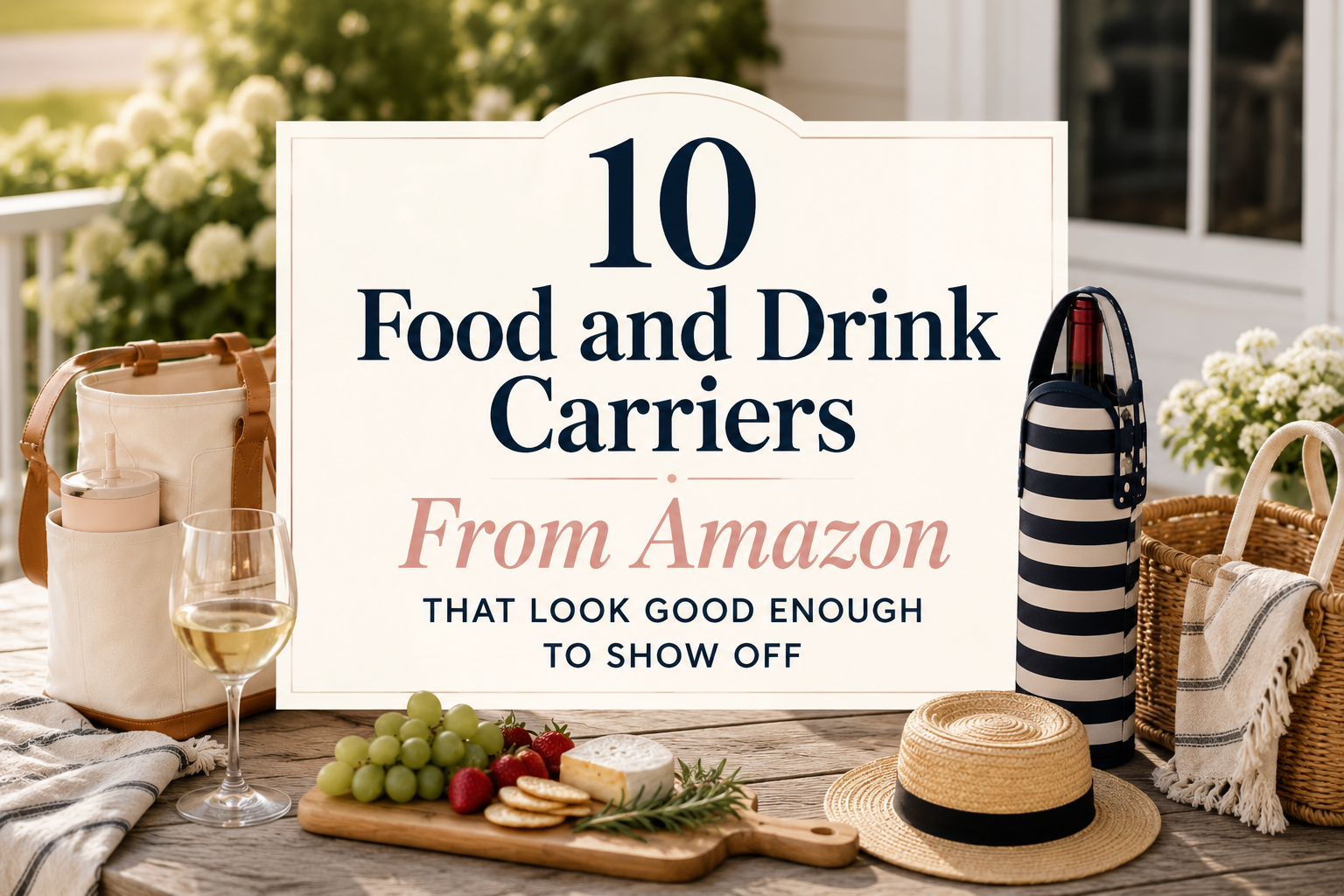 Warm outdoor picnic scene featuring stylish insulated food and drink carriers, wine tote bags, charcuterie snacks, and neutral summer accessories arranged on a sunlit table with elegant editorial-style text overlay for a Luxe Finds Lab blog post about elevated Amazon food and drink carriers.