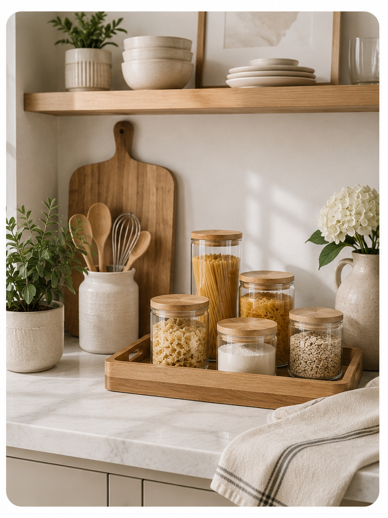 Styled neutral kitchen shelf with organized home finds