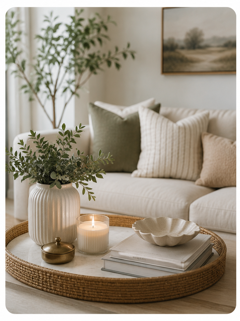 Cozy neutral living room with elevated home decor