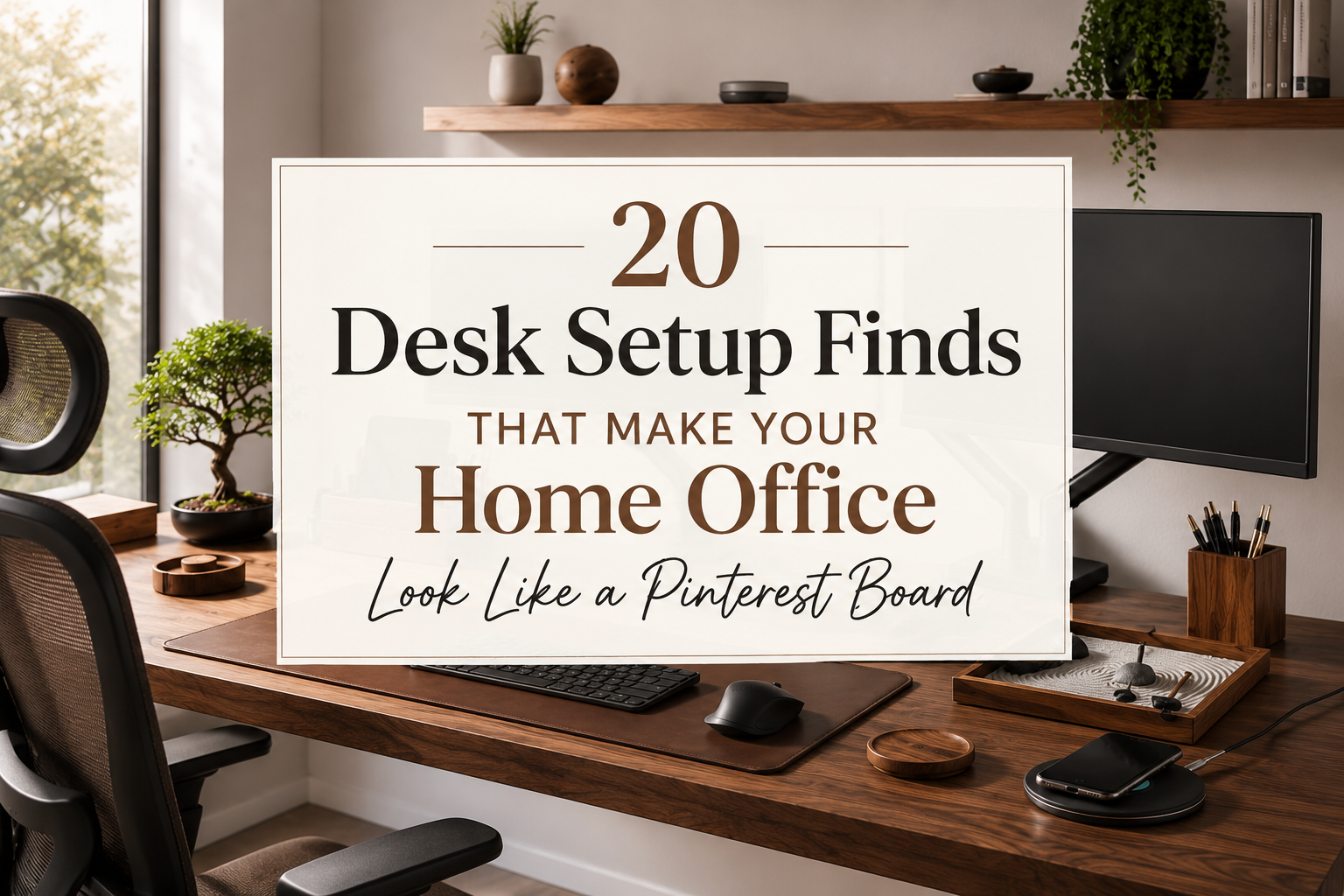 Minimalist home office workspace featuring dual monitors on a monitor arm, a leather desk mat, wooden desk accessories, wireless charging station, ergonomic chair, and warm natural lighting. Centered text promotes a blog post about desk setup finds that create a Pinterest-worthy home office.