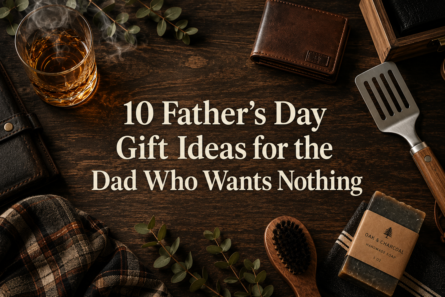 Father's Day gift guide featuring practical gifts for dads including a whiskey smoker kit, electric grill cleaning brush, and magnetic pickup tool on a rustic wood background.
