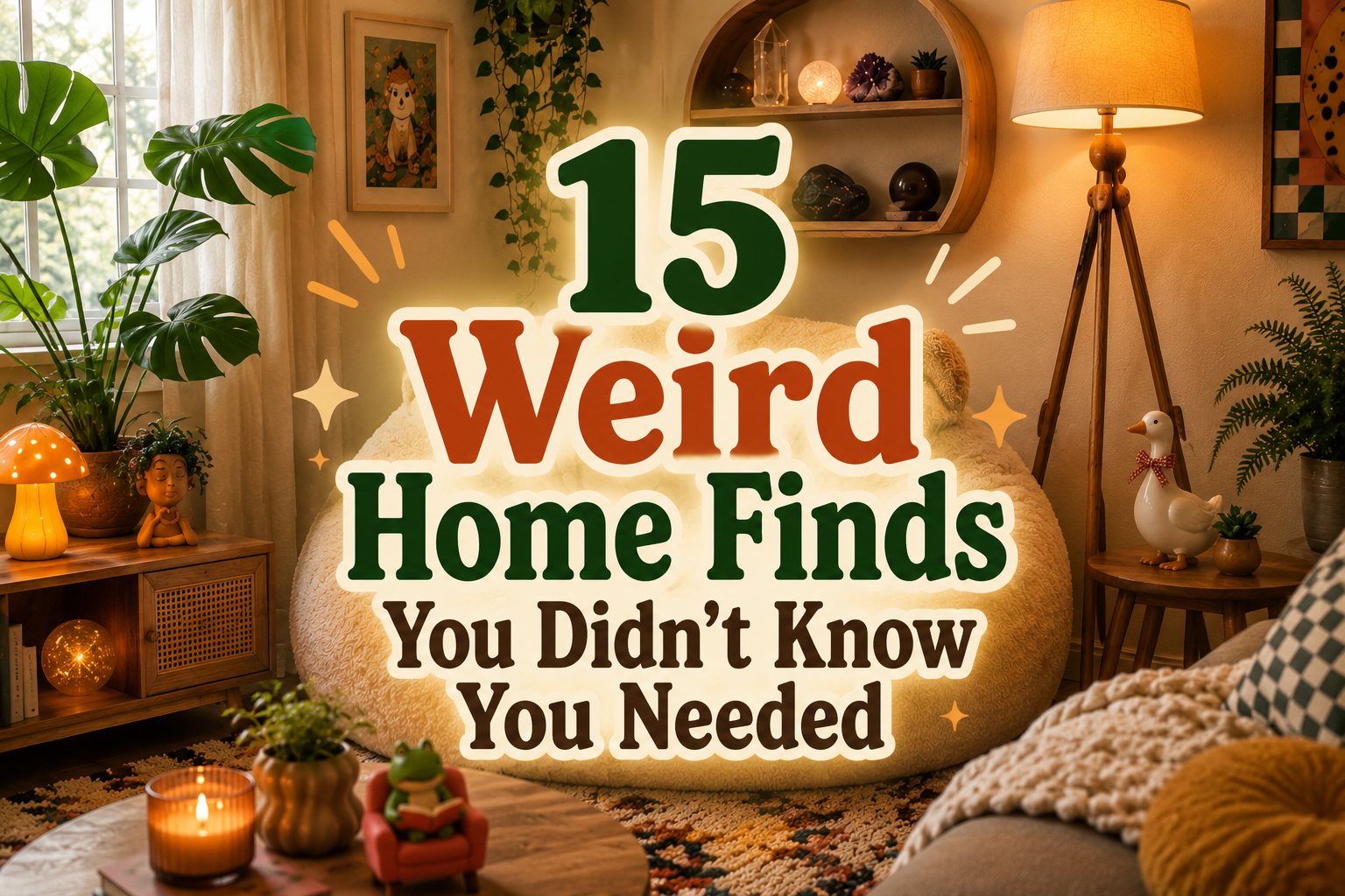 Cozy whimsical living room featuring a large cream bean bag chair, warm ambient lighting, playful decor accents, houseplants, a small decorative goose, and eclectic furnishings. Centered text reads “15 Weird Home Finds You Didn’t Know You Needed,” creating a warm and inviting blog thumbnail focused on unique home decor ideas.